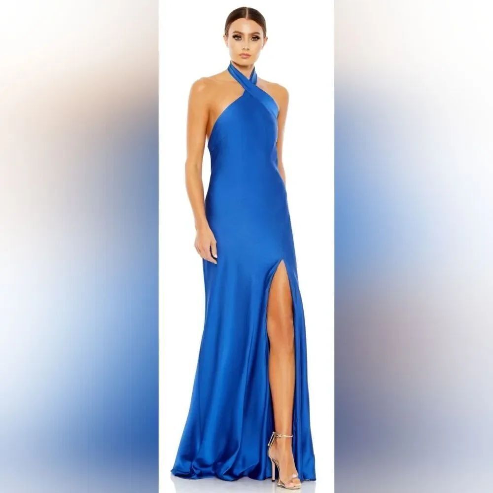 Mac Duggal 26925 High Slit Cross Halter Dress NWT Size 10 Blue